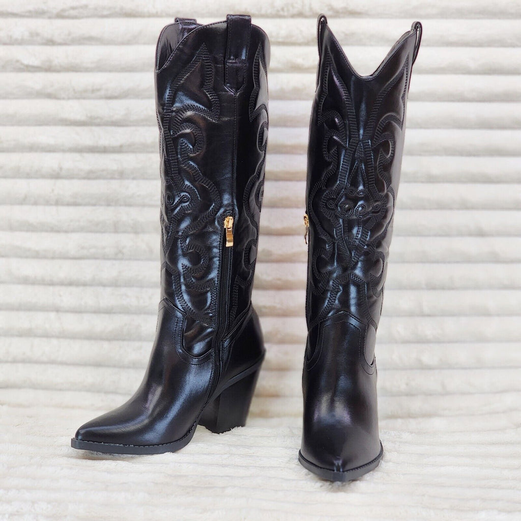 Electric Cowboy Brush Metallic Matte Western Knee High Cowgirl Boots Jet Black - Totally Wicked Footwear