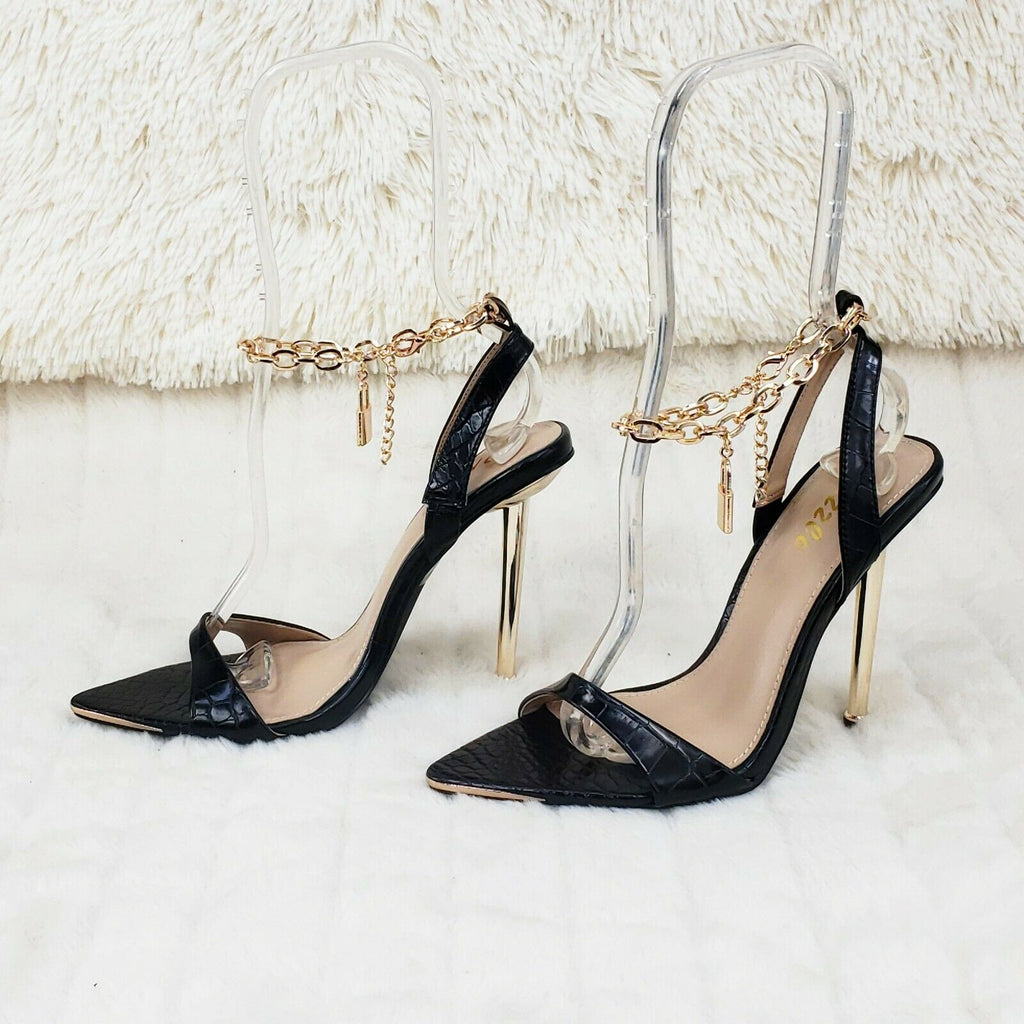 Nicely Pad Lock Chain Strap High Heels Metal Toe Tip Shoes Black - Totally Wicked Footwear