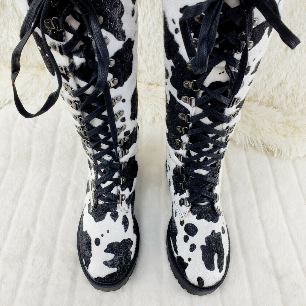 Savage Goth Punk Rock Faux Cow Fur Lace Up Platform Combat Knee Boots - Totally Wicked Footwear
