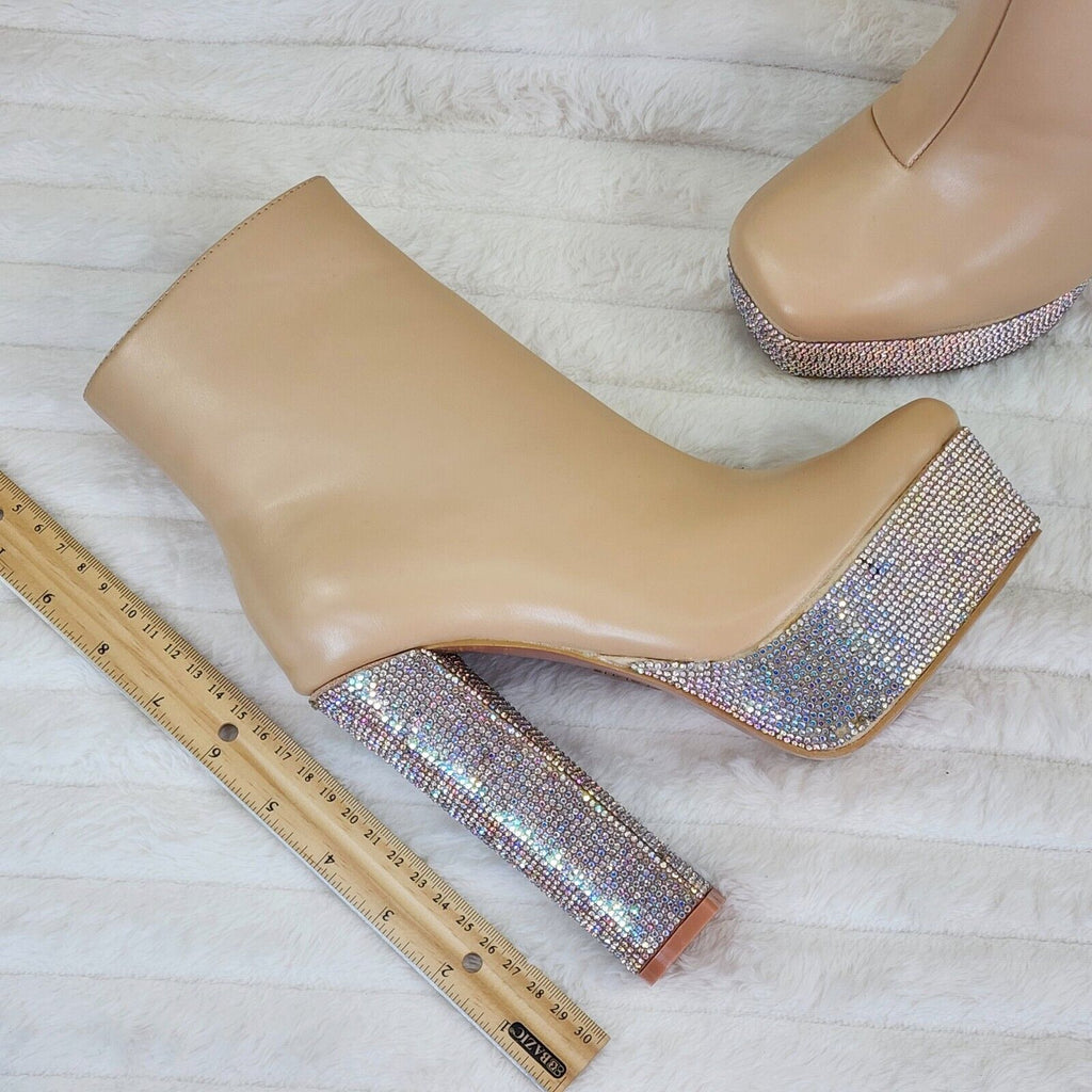 Nikki Cream Leatherette Rhinestone Platform Chunky Heel Ankle Boots - Totally Wicked Footwear