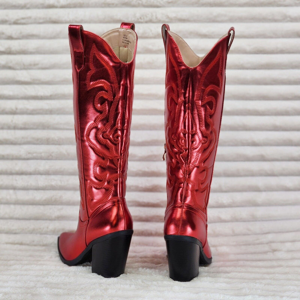 Electric Cowboy Brush Metallic Matte Western Knee High Cowgirl Boots Red - Totally Wicked Footwear