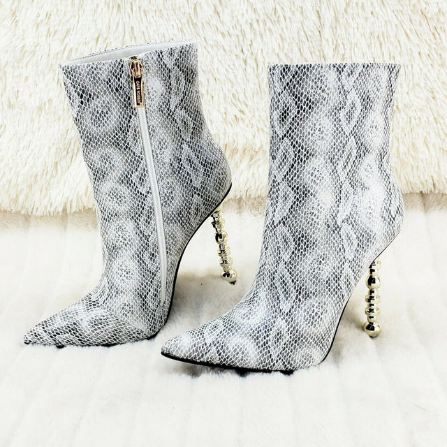 5" Geo Deco High Heel White Snake Print Pointy Toe Ankle Boots Shawna - Totally Wicked Footwear