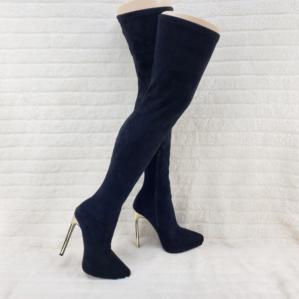 Sexy Girlz Faux Stretch Black Suede High Heel Pointy Toe Platform Thigh Boots - Totally Wicked Footwear