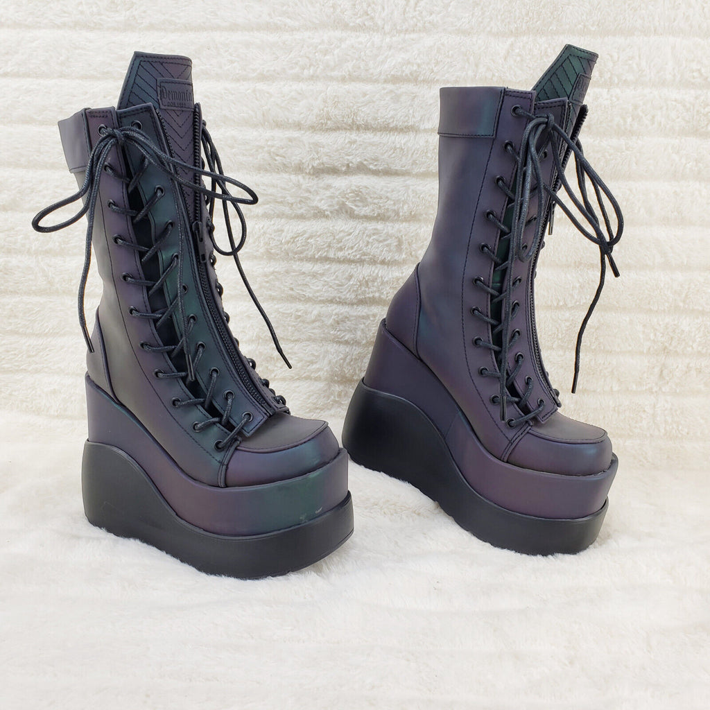 Void Purple Green Reflective Platform Wedge Mid Calf Boots IN HOUSE NY Demonia - Totally Wicked Footwear