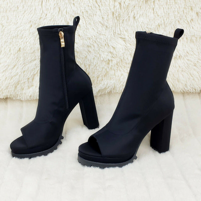 Natalie Black Chunky Heel Stretch Open Toe Lug Sole Ankle Boots - Totally Wicked Footwear