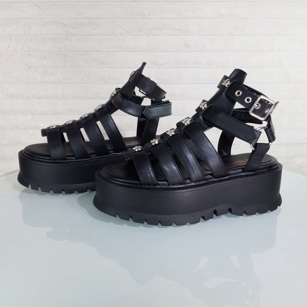 Slacker 2" Platform Gothic Sandals with Skull & Cross-Bone Studs NY - Totally Wicked Footwear