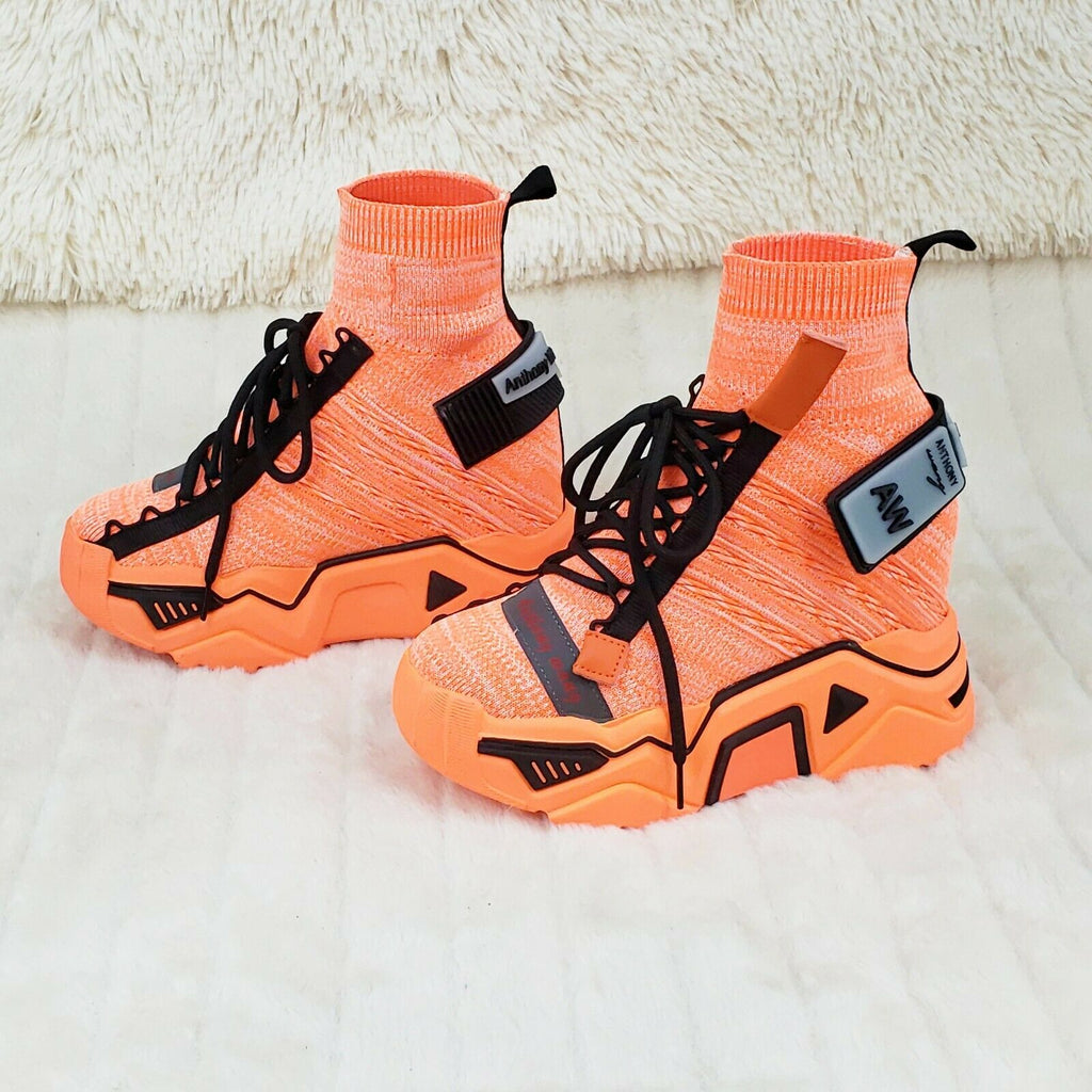 Wang Damson Pull On Knit Platform Sneaker Boots 4" Hidden Wedge Orange Knit - Totally Wicked Footwear