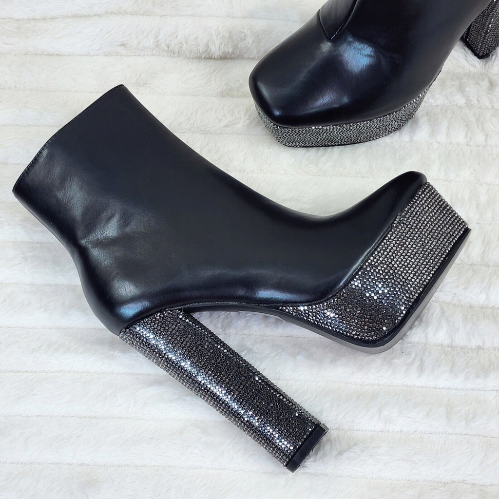 Nikki BLack Leatherette Rhinestone Platform Chunky Heel Ankle Boots - Totally Wicked Footwear