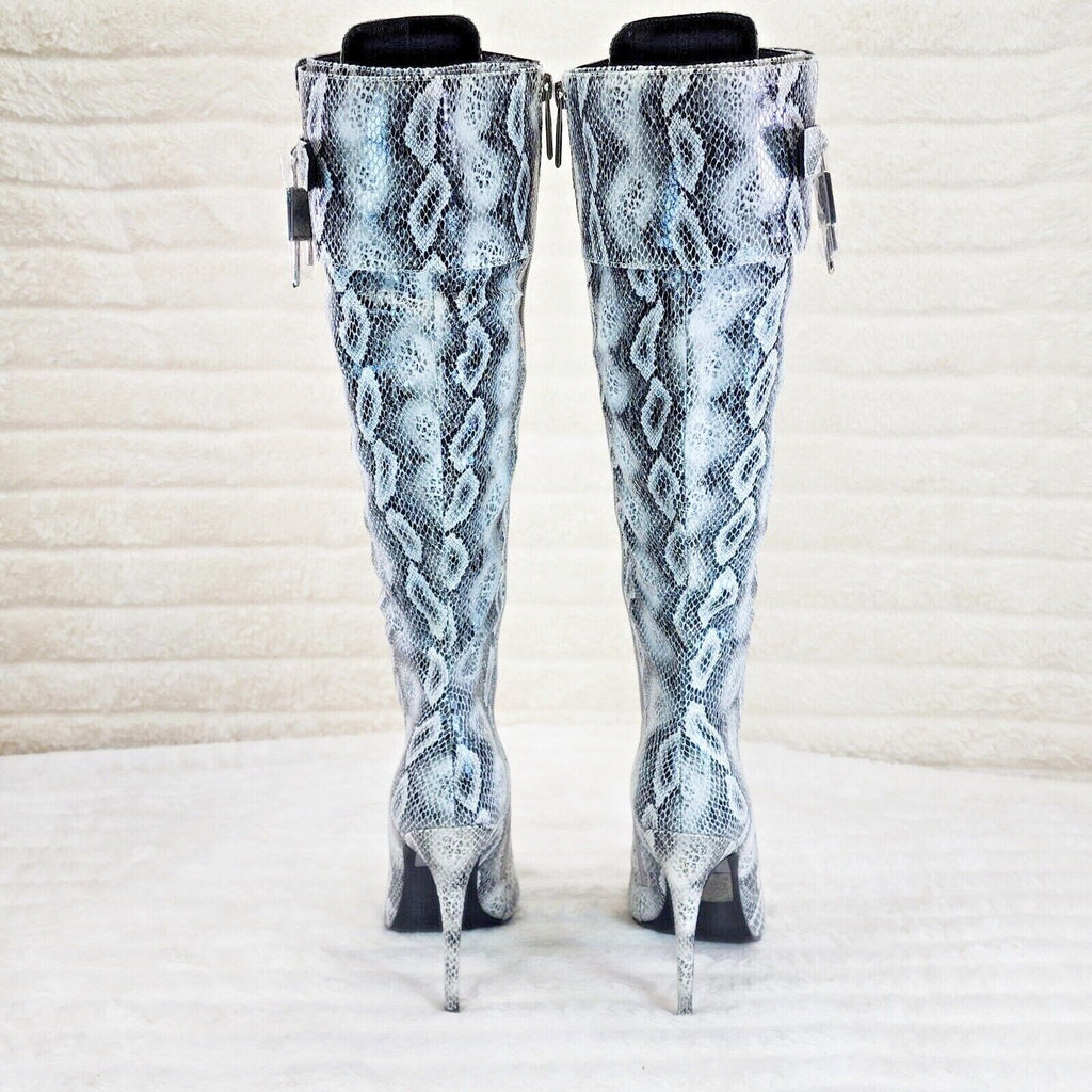 Pearl Snake Print High Heel Knee Boots Pad Lock Brand New - Totally Wicked Footwear