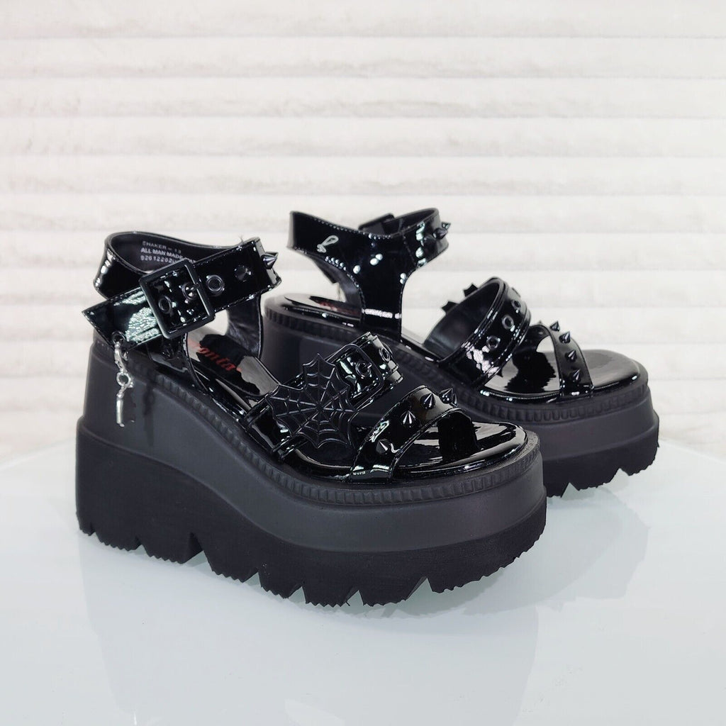 Shaker 13 Black Out Patent 4.5" Wedge Heel Gothic Sandals Studs And Charms NY - Totally Wicked Footwear