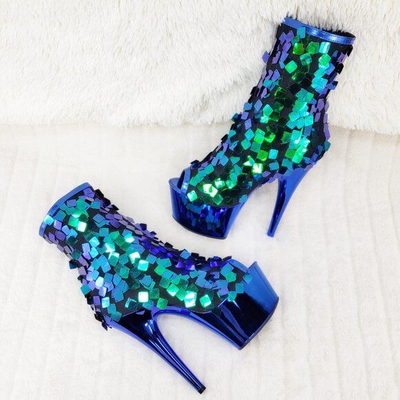 Delight 1031SQ Green Mermaid Sequin Ankle Boot 7" High Heel Shoe Sizes 11 NY - Totally Wicked Footwear