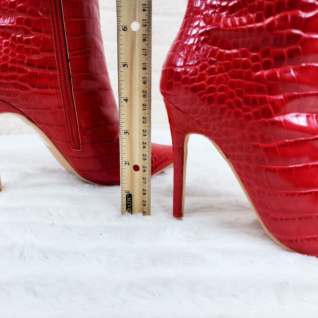 Flirty Red Snake Texture Knee High Heel Stiletto Boots Sexy Feather Top - Totally Wicked Footwear