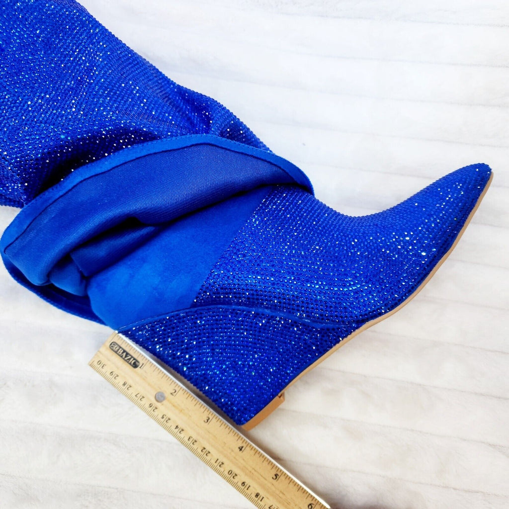 Super Sparkle Sharky Skirted Fold Over Wedge Heel Knee Boots Royal Blue - Totally Wicked Footwear