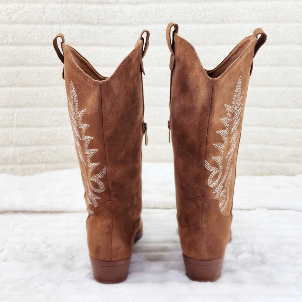 Bella Western Mid-calf Cowboy Cowgirl Boots Tan Low 1.5" Heels Tan Faux Suede - Totally Wicked Footwear