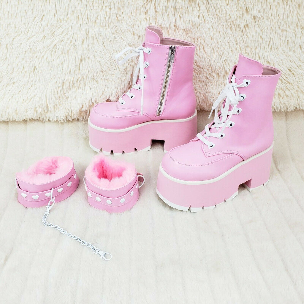 Ashes 57 Pink Heart Studs 3.5" Platform Goth Boots Fur Lined Cuffs & Chain NY - Totally Wicked Footwear
