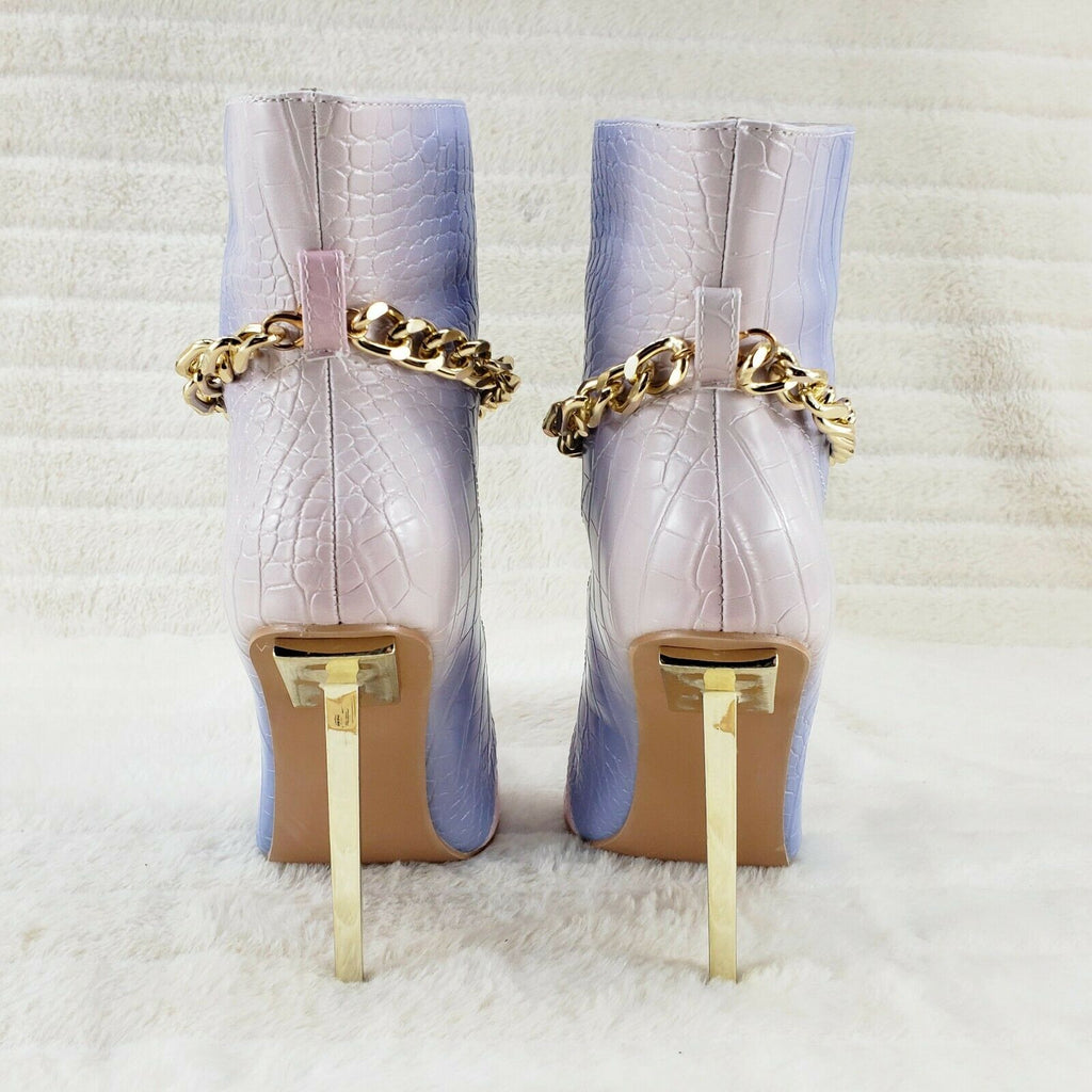 Venomous Pink Lilac Pointy Toe Spike Stiletto Heel Ankle Boots Gold Tone Chain - Totally Wicked Footwear