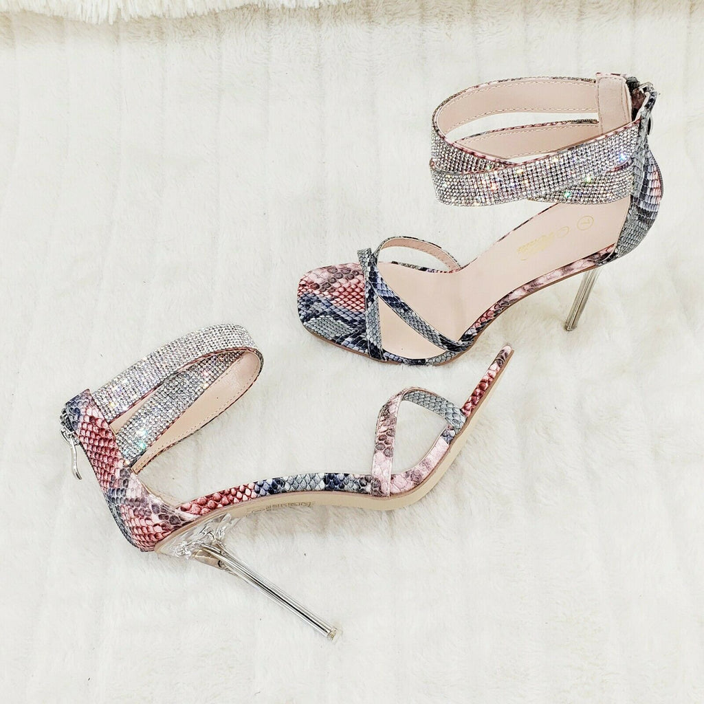 Mata Pink Snake Print Rhinestone Double Ankle Strap Closed Back High Heel Shoes - Totally Wicked Footwear