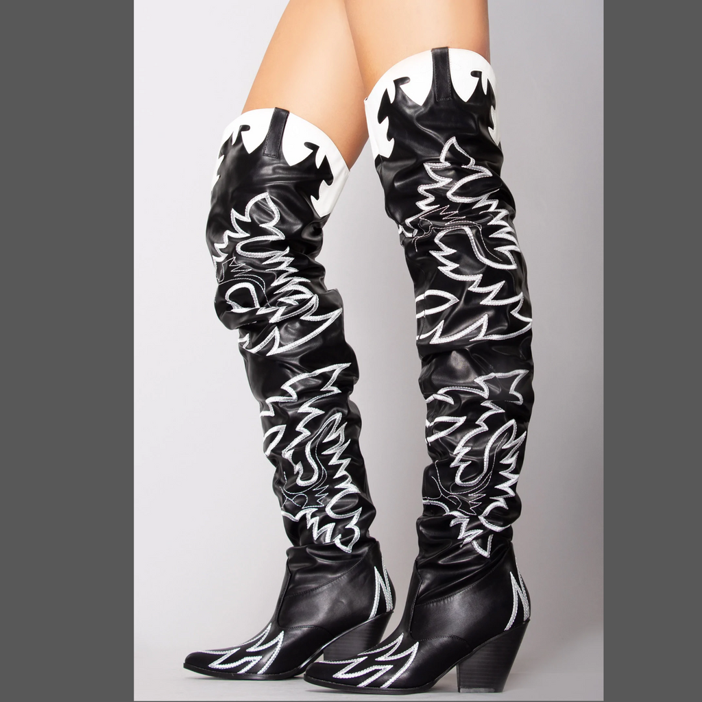 Kelsey 21 Rock Star Black & White Western Slouch OTK Thigh High Cowboy Boots - Totally Wicked Footwear