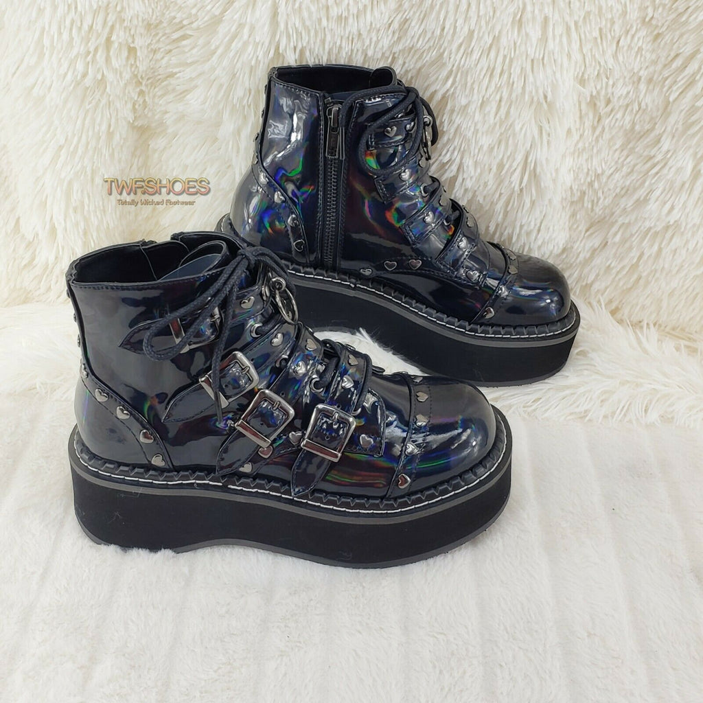 Demonia Emily 315 Black Holo Patent Heart Stud 2" Platform Ankle Boot Shoes NY - Totally Wicked Footwear