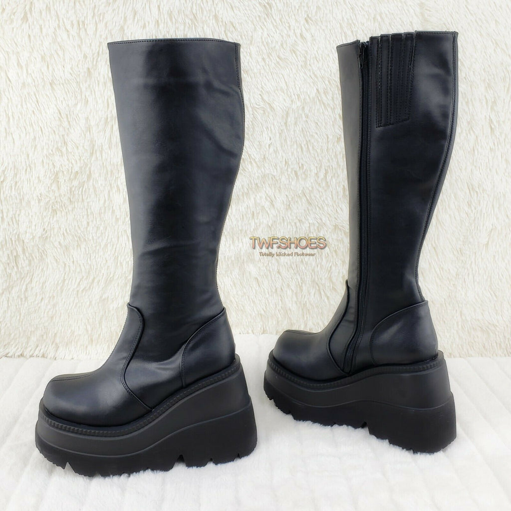 Demonia Shaker 100 Black Matte Platform 4.5" Wedge Heel Knee Boots NY - Totally Wicked Footwear