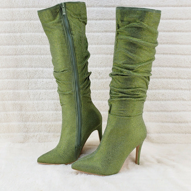 Sparkle Trend Green Rhinestone Slouchy Scrunch High Heel Knee Boots - Totally Wicked Footwear