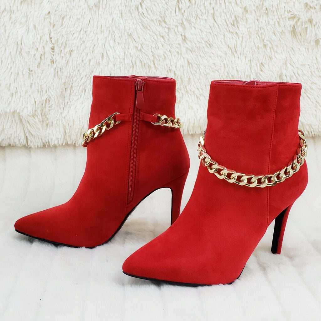 Mata Red FX Suede & Chain Sexy Pointy Toe 4" Stiletto High Heel Ankle Boots - Totally Wicked Footwear