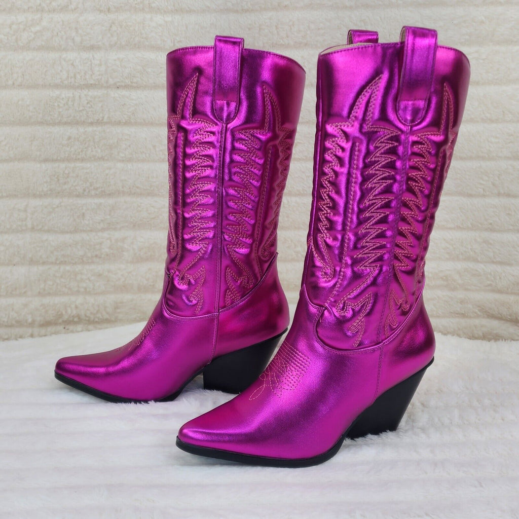 Disco Cowgirl Metallic Hot Pink Cowboy Knee Boots Western Block Heels US Sizes - Totally Wicked Footwear