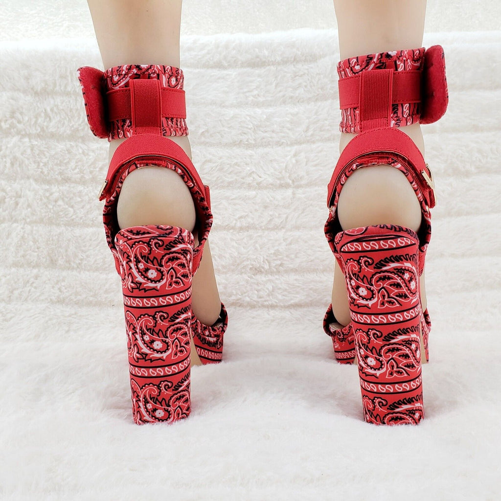 Red Bandanna  5.5" Chunky High Heel Harness Strap Shoe US Sizes 5.5-11 Bandana - Totally Wicked Footwear