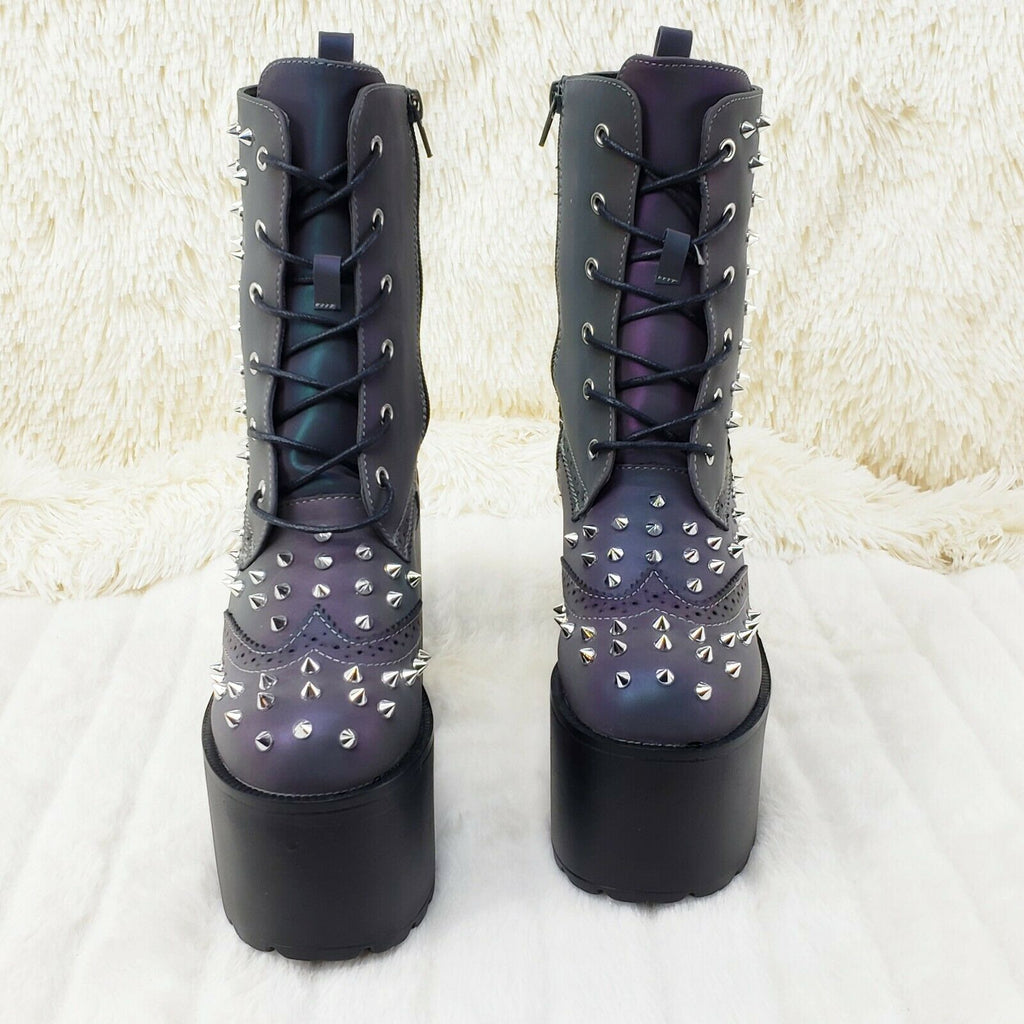 Ocho Reflective Punk Goth Rock Glam Block Heel Platform Spiked Ankle Boots - Totally Wicked Footwear
