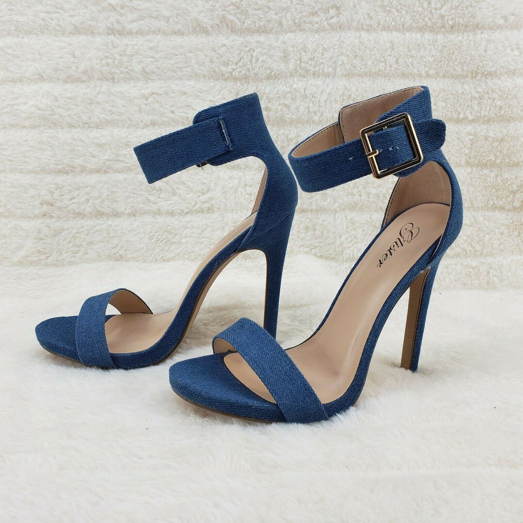 Sexy Medium Blue Denim Ankle Strap 4.5" High Heel Shoes Heels Glister - Totally Wicked Footwear