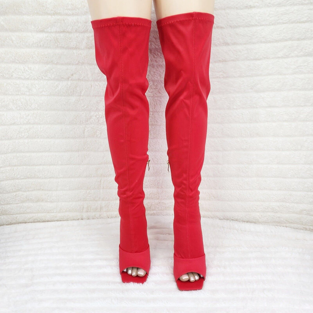 Vicky Bright Red Open Square Toe Stretch Thigh High Heel Boots - Totally Wicked Footwear