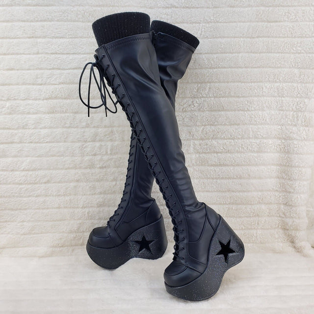 Dynamite 300 Platform 5" Star Heel Stretch Goth Punk Thigh Boots Black Matte NY - Totally Wicked Footwear