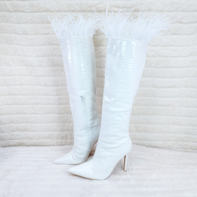 Flirty White Snake Texture Knee High Heel Stiletto Boots Sexy Feather Top - Totally Wicked Footwear