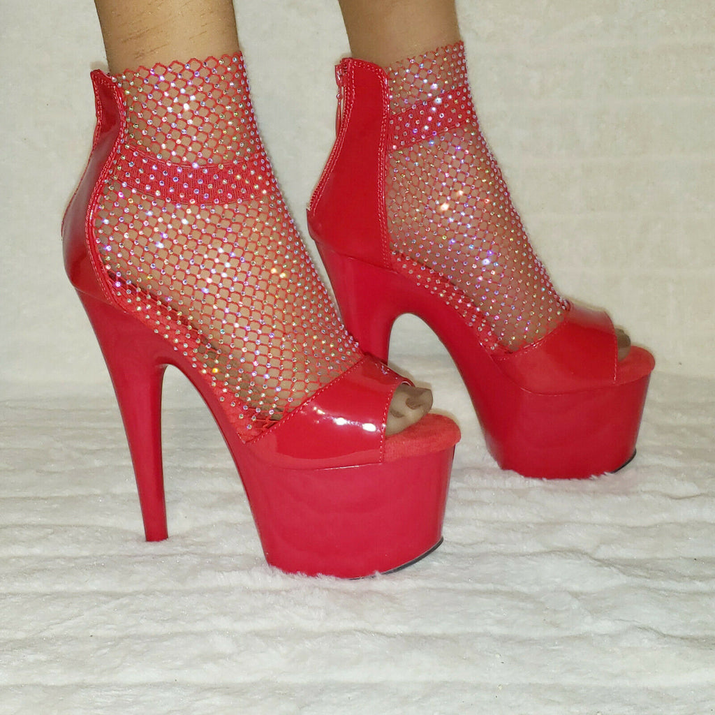 Adore 765RM Red Rhinestone Mesh Platform Sandals 7" High Heel Shoes NY - Totally Wicked Footwear