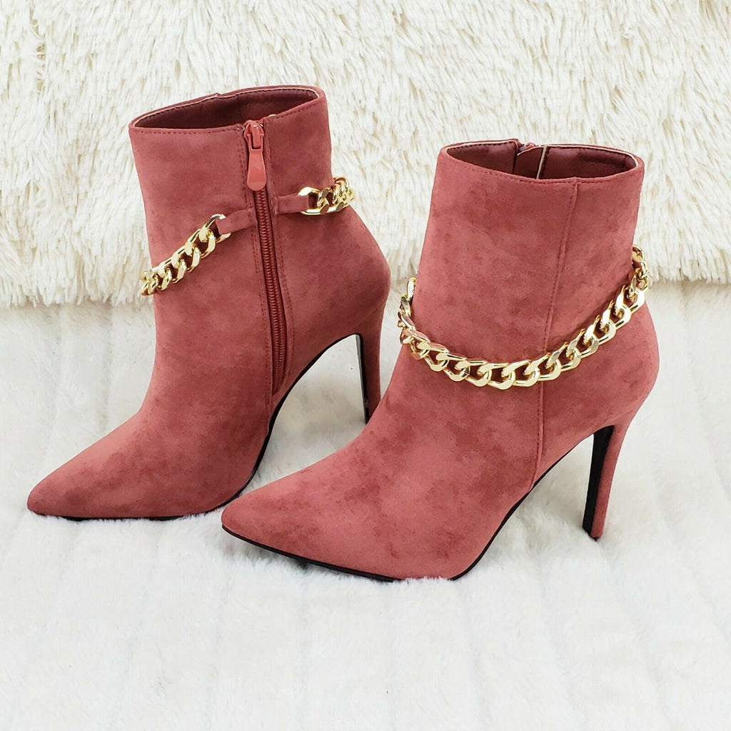 Mata Rose Pink FX Suede & Chain Sexy Pointy Toe 4" Stiletto Heel Ankle Boots - Totally Wicked Footwear