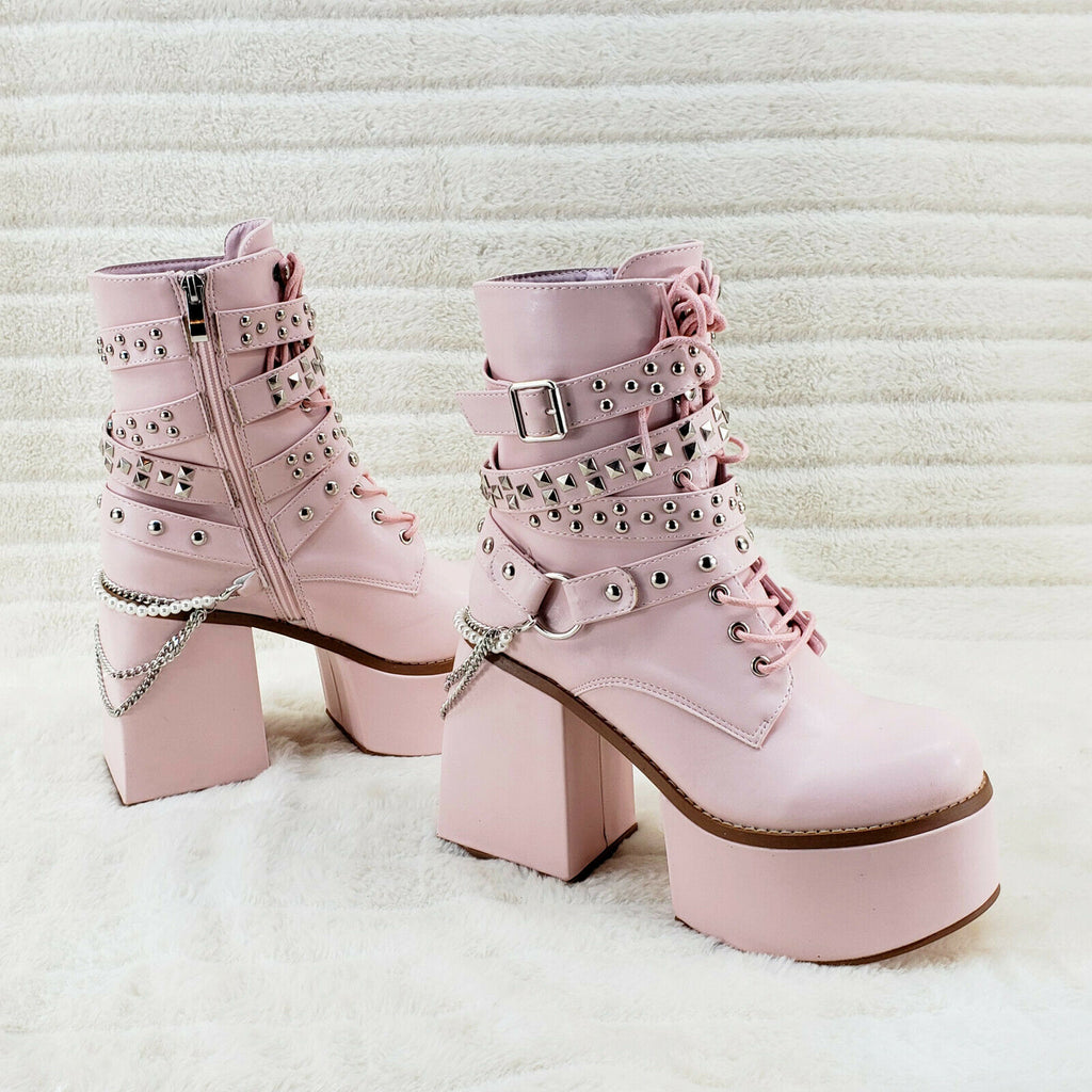 Ocho Baby Pink Ice Multipile Stud Strap Platform Chunky Block Heel Ankle Boots - Totally Wicked Footwear