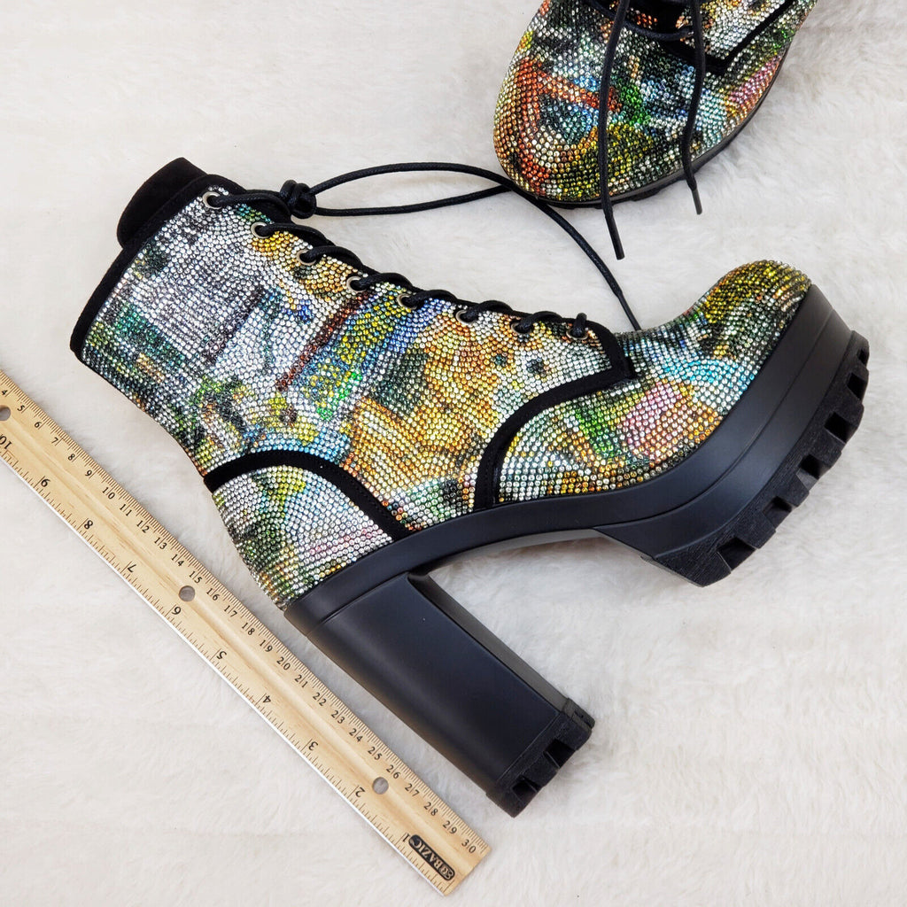 News Story Multi Sparkle Rhinestone Lug Sole Chunky High Heel Ankle Boots - Totally Wicked Footwear