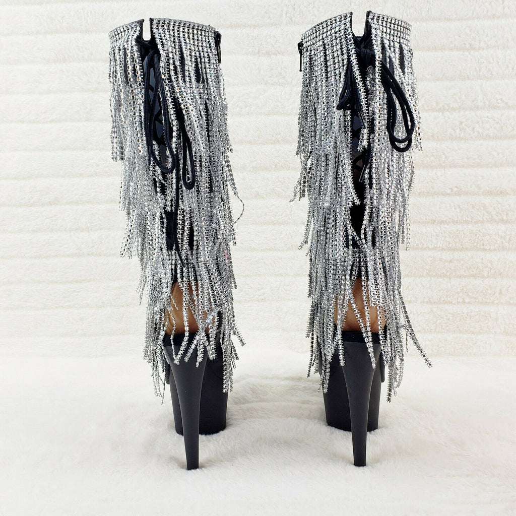 Adore 2024 Silver Fringe Black Platform 7" High Heel Fringe Knee Boots NY - Totally Wicked Footwear