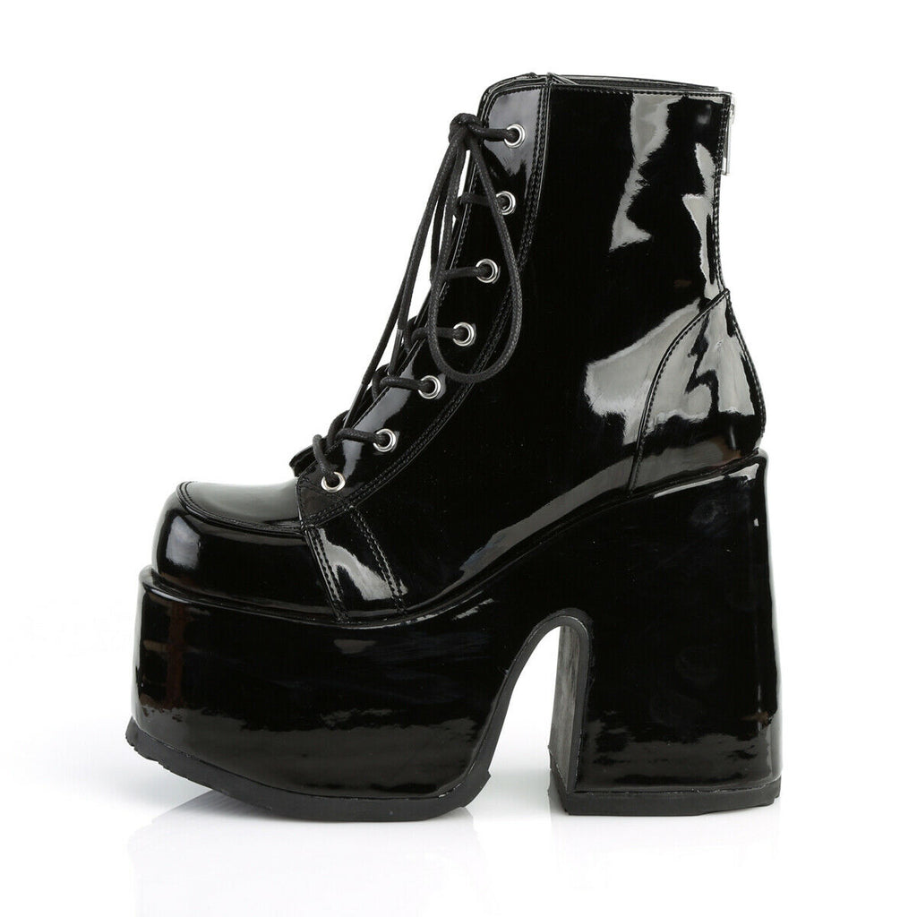 Demonia 203 Camel Stacked Black Patent Platform Goth Punk Ankle Boots RESTOCK NY - Totally Wicked Footwear