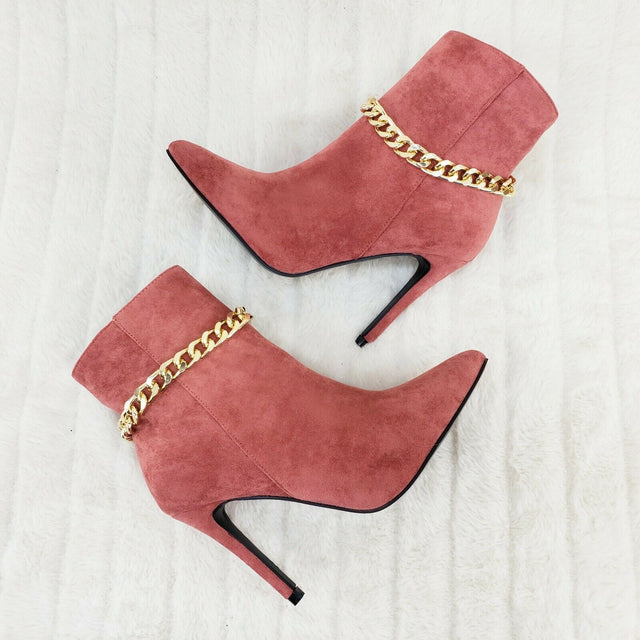 Mata Rose Pink FX Suede & Chain Sexy Pointy Toe 4" Stiletto Heel Ankle Boots - Totally Wicked Footwear