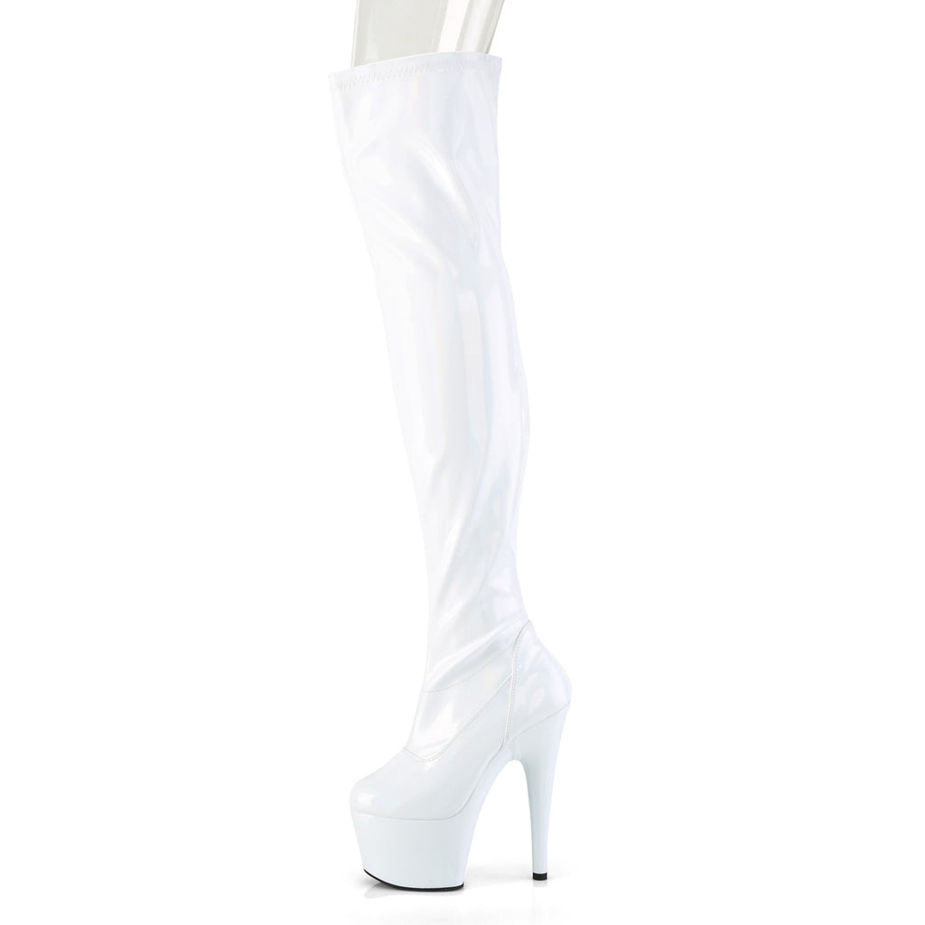 Adore 3000HWR Glossy White Hologram Stretch Platform Thigh Boots 7" Heels - Totally Wicked Footwear