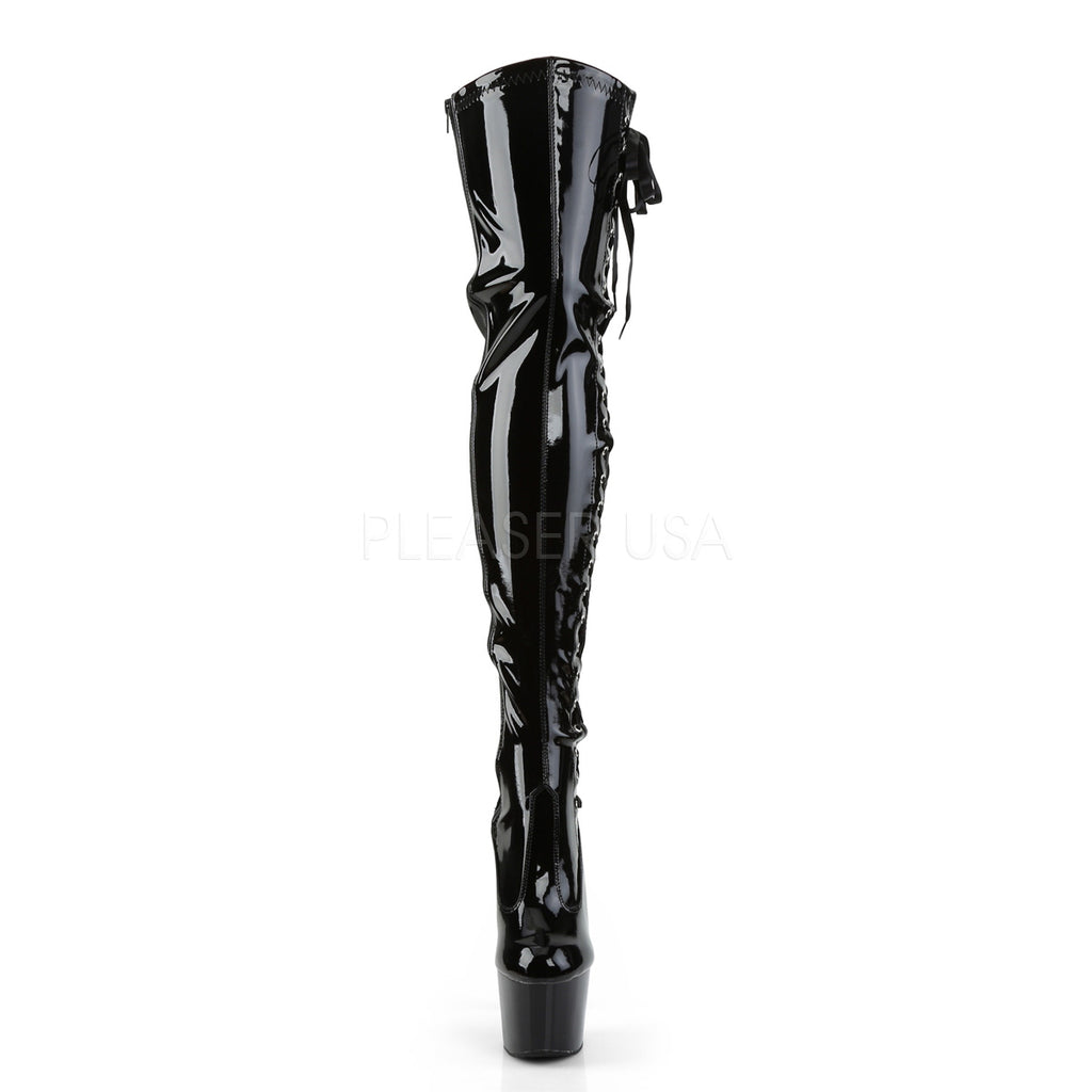 Adore 3050 Black Patent Side Lace Platform Thigh Boot 7" Heel - Totally Wicked Footwear