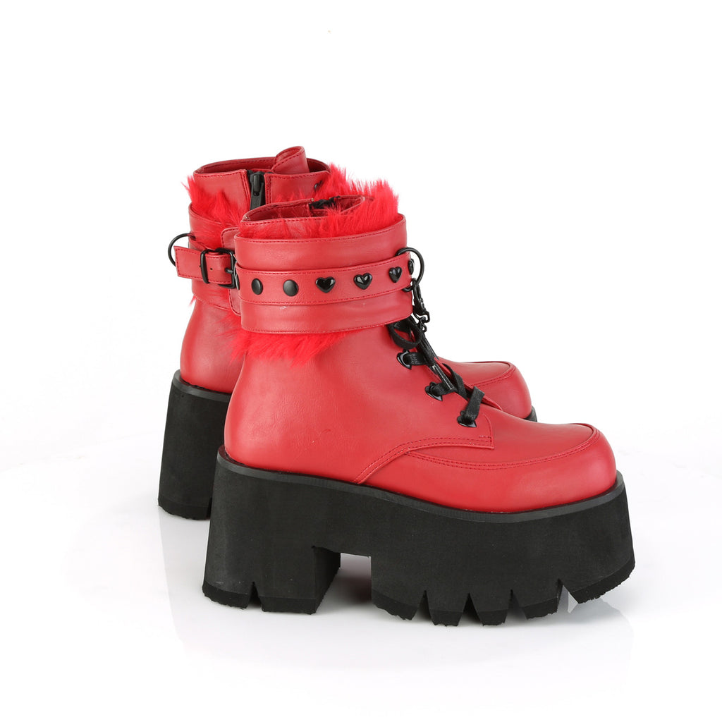 Ashes 57 Furry Cuff 3.5" Chunky Heel Goth Punk Ankle Boots Red - Demonia Direct - Totally Wicked Footwear
