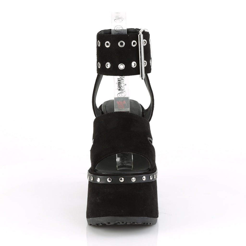 Camel 102 Wide Cuff  5" Chunky Platform Block Heel Sandals - Black V-Suede - Demonia Direct - Totally Wicked Footwear
