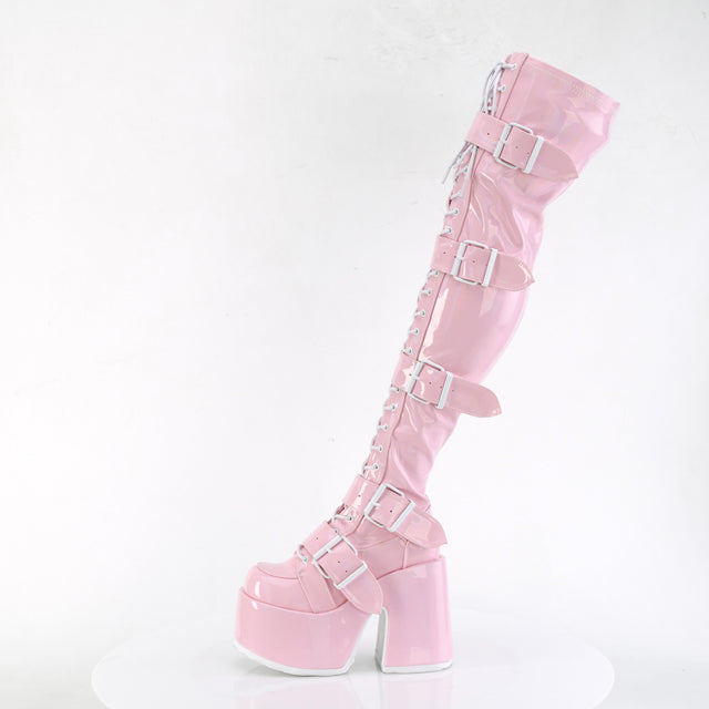 Camel 305 Stretch Hologram Pink Lace Up Goth Platform Thigh High Boots 6-12  - Demonia Direct - Totally Wicked Footwear