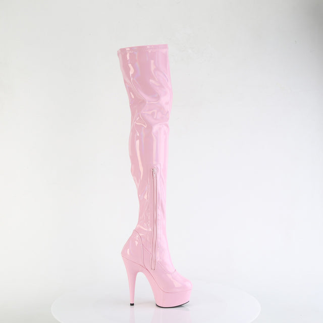 Delight 3000HWR Baby Pink Hologram Patent Lace Up 6" High Heels Thigh High Boots - Totally Wicked Footwear