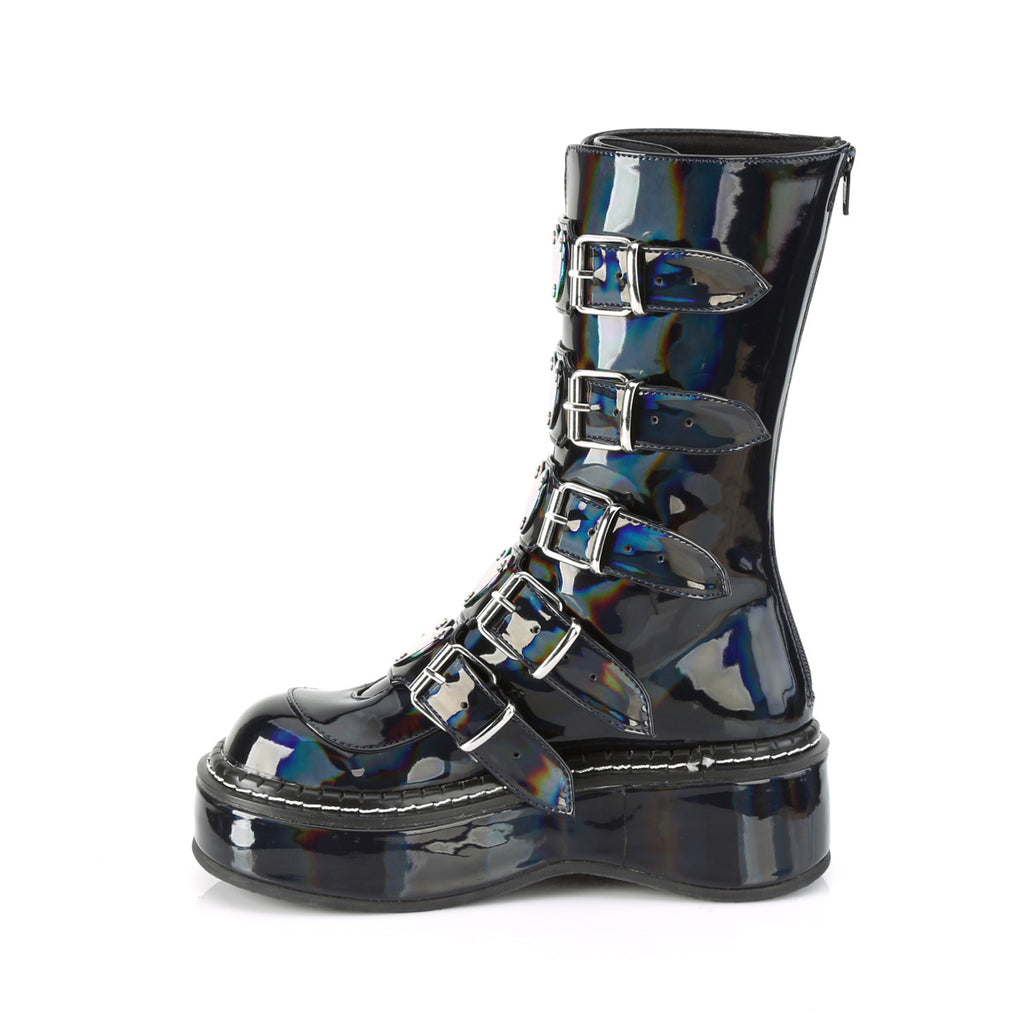 Emily 330 Goth Black Hologram Heart Plate Combat Boots 6-12  - Demonia Direct - Totally Wicked Footwear
