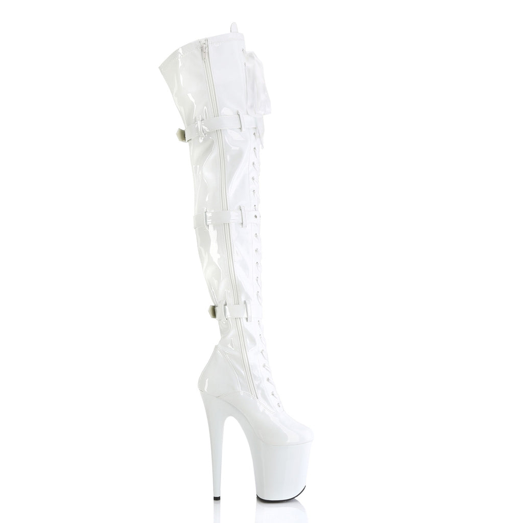 Flamingo 3028 White Patent 8" Heel Buckle Strap OTK Thigh Boot - Direct - Totally Wicked Footwear