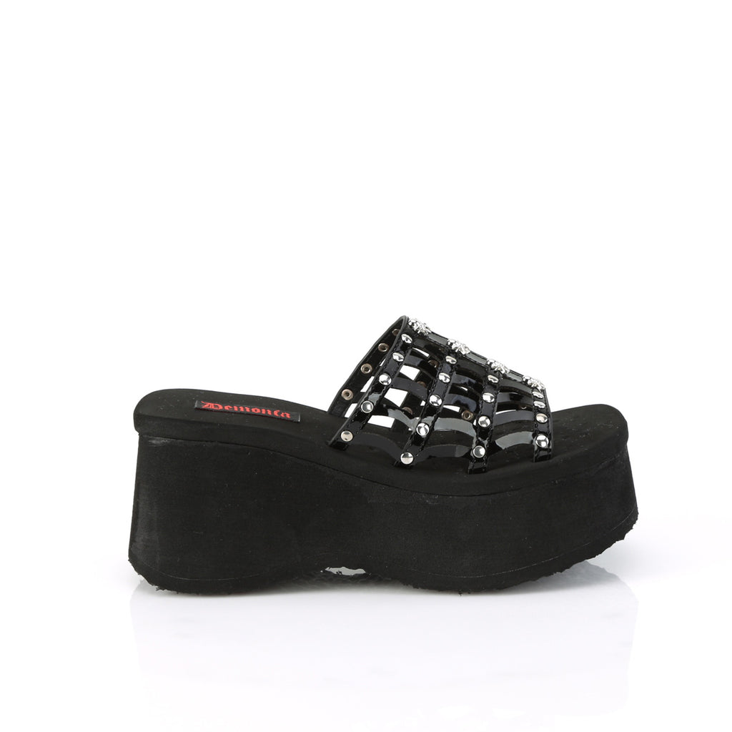 Funn 13 Black Patent Platform Sandals  - Demonia Direct - Totally Wicked Footwear