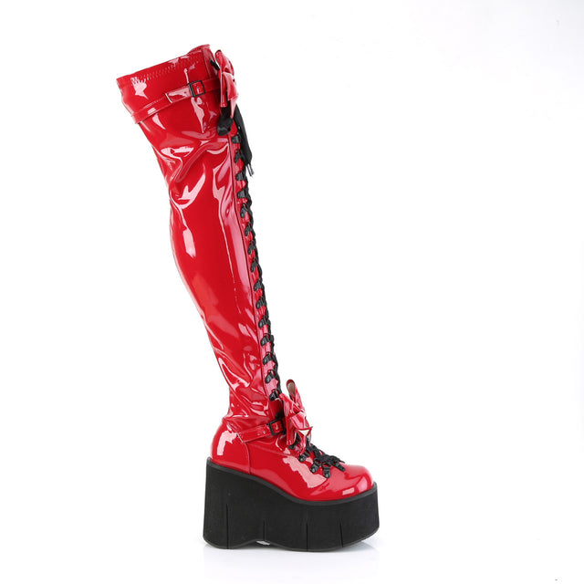 Kera 303 Red Patent Lace Up Goth Platform Thigh High Boots  - Demonia Direct - Totally Wicked Footwear